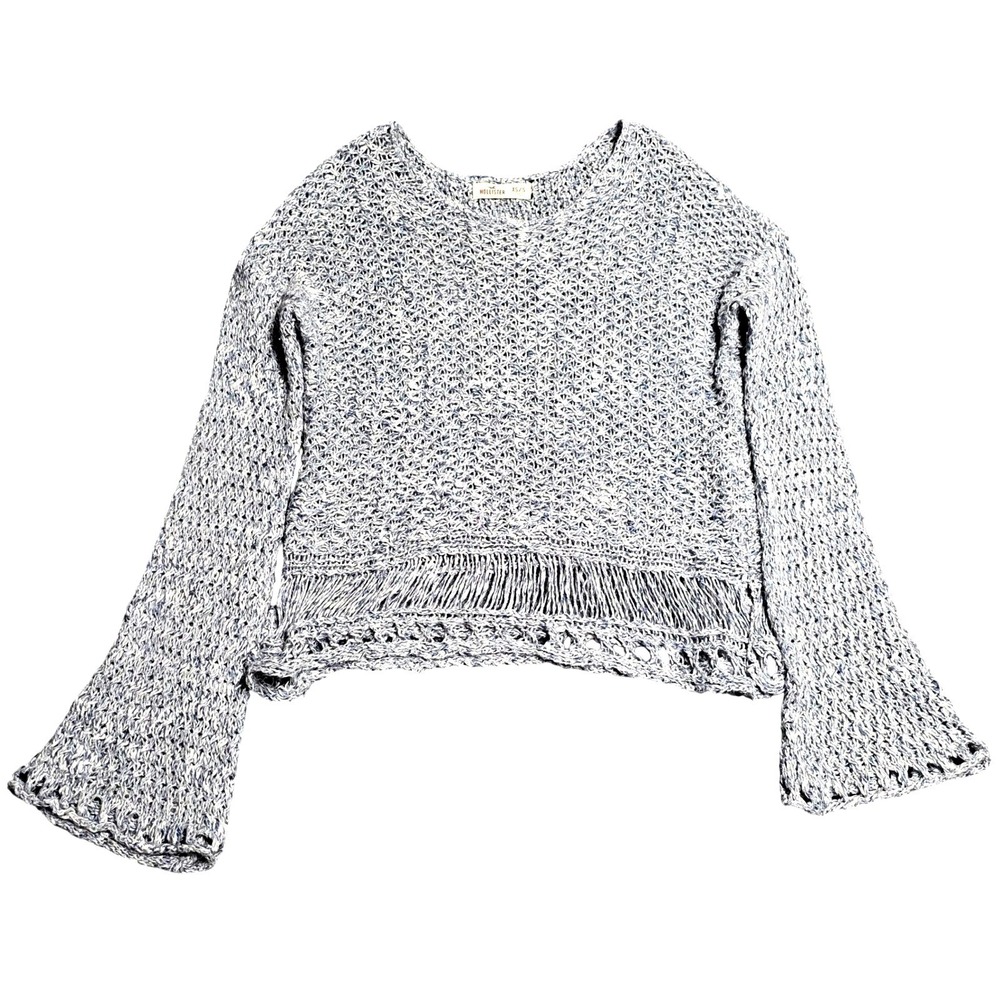 Hollister Open Knit Crop Sweater Women's Size XS/S Blue White Marled Bell Sleeve